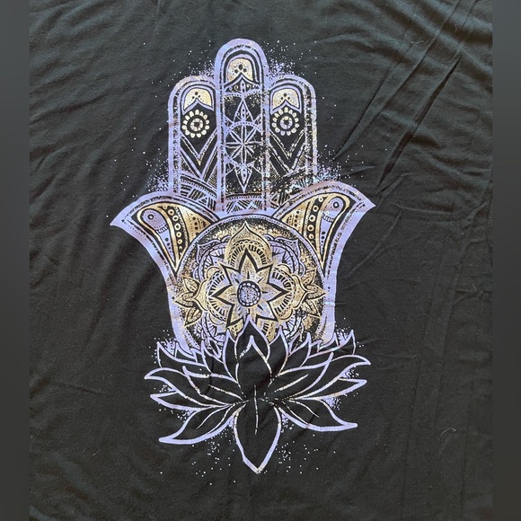 Yoga Pilates Activewear Size XL Short Sleeve Black Hamsa Print Namaste Tee - Picture 2 of 4